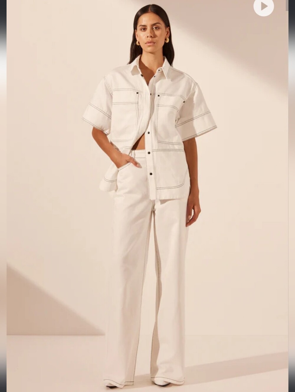 Shona Joy Hana Ivory Contrast Stitch Shirt & Straight Leg Jean Set NWT Size US 6